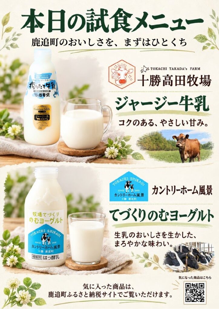 試食メニューの案内POP「鹿追町のおいしさを、まずはひとくち」